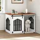 MAHANCRIS Dog Crate Furniture, 31.5" Farmhouse Dog Kennel with Sliding Barn Door, Wooden Dog Cage for Small Medium Dogs, Decorative Pet House Side End Table, Chew-Resistant, White and Walnut DCBA9601