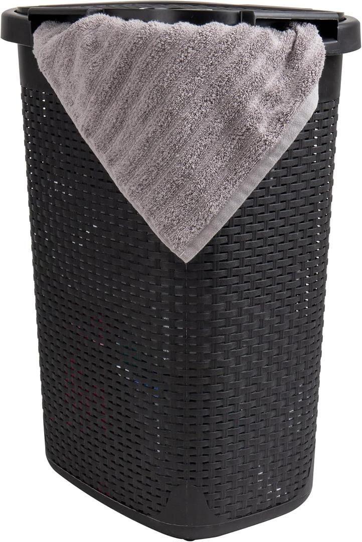Mind Reader 60L Slim Laundry Hamper, Clothes Basket, Lid, Wicker Design, Plastic, 17.65"L x 13.75"W x 24.15"H, Black