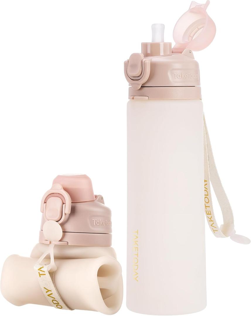 TakeToday Collapsible Water Bottles 21oz (600mL), Foldable Platinum Silicone Travel Water Bottle with Straw & Carry Strap, Leak-Resistant Screw Lid, Wide Mouth, BPA-Free for Hiking, Camping, Travel, Desert Sand