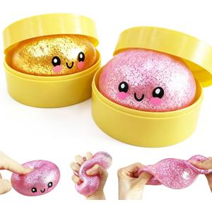 2 Pack Mini Dumpling Squishy Fidget Toys, Glitter & Bead Filled Stress Balls, Soft Slow Rising TPR Smiley Squeeze Toy, Tear-Resistant Sensory Toy for Stress Relief, Party Favors (Pink & Gold)