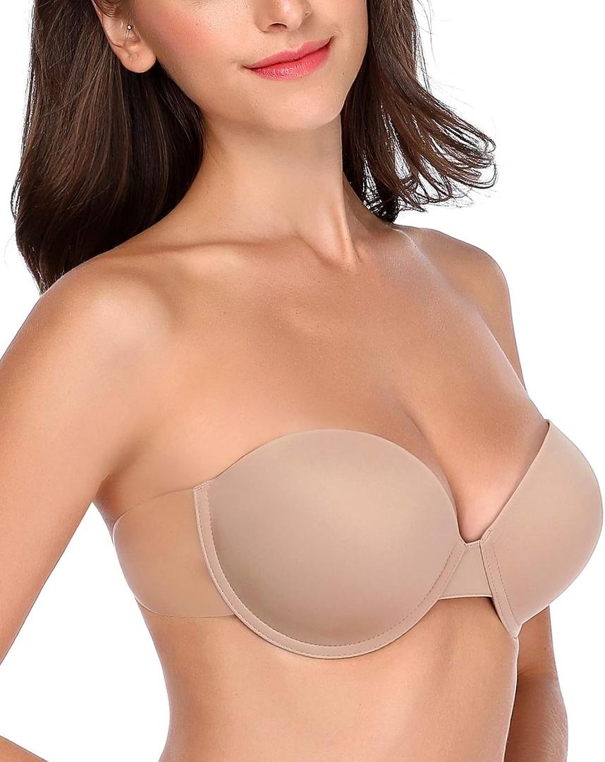 Backless Strapless Push Up Bra for Women Thick Padded Sticky Underwired Bras Self Adhesive, C (Beige)