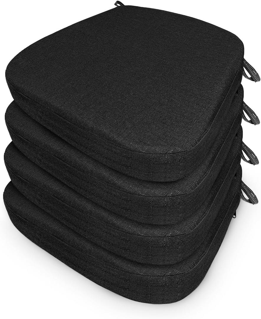 4 Pack Chair Cushion with Ties for Dining Chairs Memory Foam Thick Kitchen Chair Pad 17" x 16.5" x 2"Set of 4,with Machine Washable Cover Seat with Zipper Indoor Room,Office etc-Black