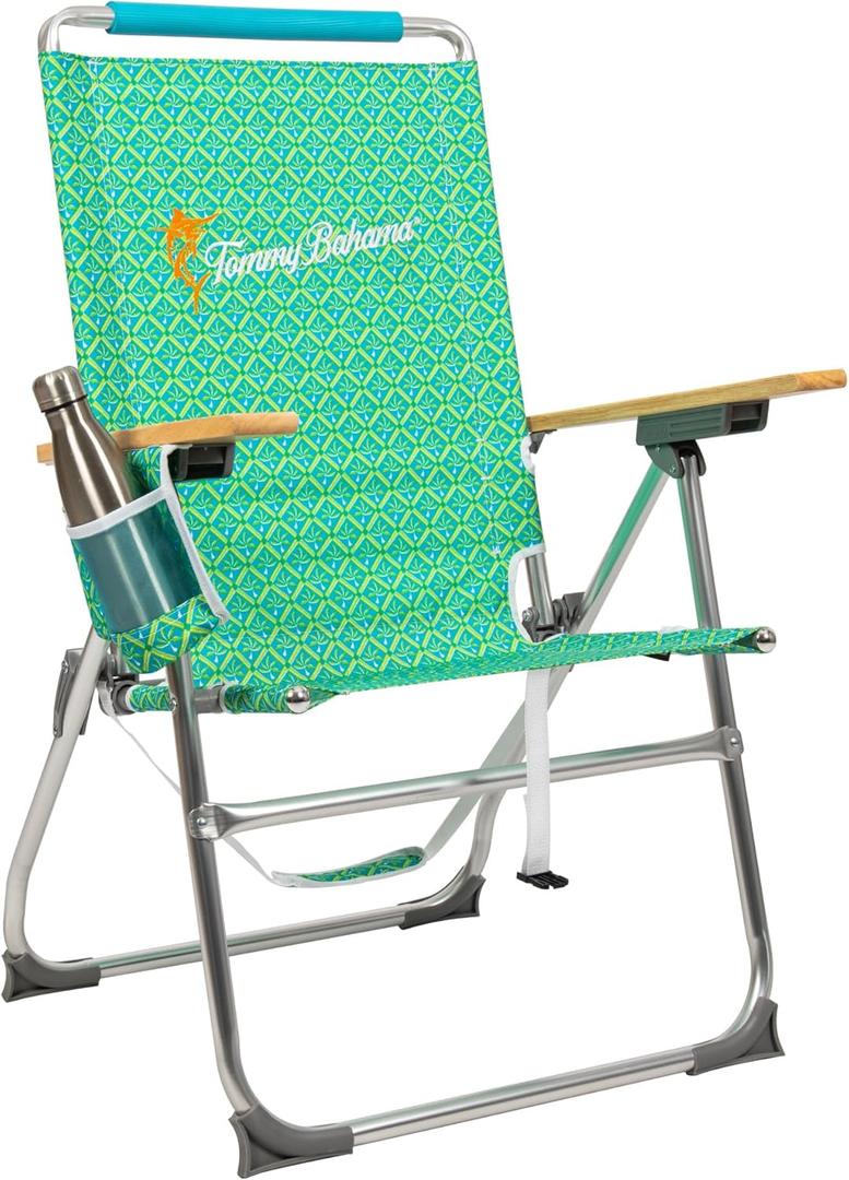 Tommy Bahama Hi-Boy 7-Position Folding Beach Chair with Cup Holder and Zippered Storage Pouch (Green)