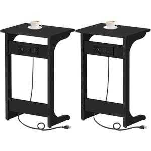 TUTOTAK C Shaped End Table with Charging Station, Set of 2, Couch Table, Tv Tray Table with 2 USB Ports and Outlets, Sofa Side Table for Small Spaces, Living Room, Bedroom TB01BK0442
