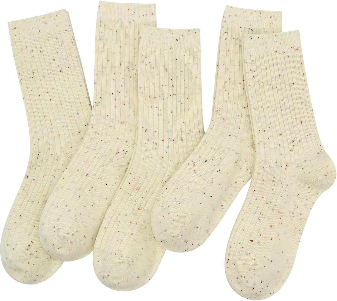 SERISIMPLE Women Cotton Crew Socks Rib Retro Casual Thin Cute Knit Comfy Breathable Dress Socks for Ladies 5 Pairs (Small, Off-white)