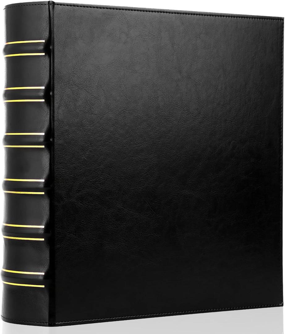 Vintage Hardback 3 Ring Binder 2 Inch, Professional Leather Binders 2 Inch D Ring, Holds 400 Sheets Capacity - Black