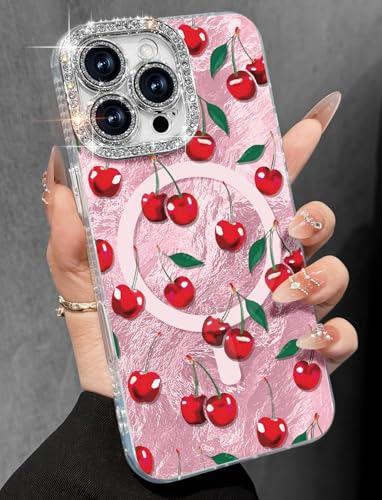 Toycamp for iPhone 16 Pro Case - Compatible with Magsafe Aesthetic Cute PK Cherry Laser Laser Holographic i 16 Pro Case with Diamond Bling Lens Protector for Apple 16Pro Cover for Women Girly