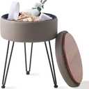 Wimarsbon Round Storage Ottoman Foot Stool Modern Faux Leather Vanity Stool with Solid Wood Frame&Metal Legs,Compact Footstool Dressing Stool Footrest for Living Room Bedroom or Entryway (Grey)