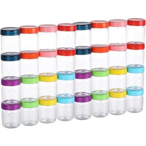 novelinks 8oz Plastic Jars With Lids Colorful Lid Mason Jars 32 Pack 8 oz Plastic Containers With Lids For Diy Food Milkshake Salads Snake Jams Spices (32)