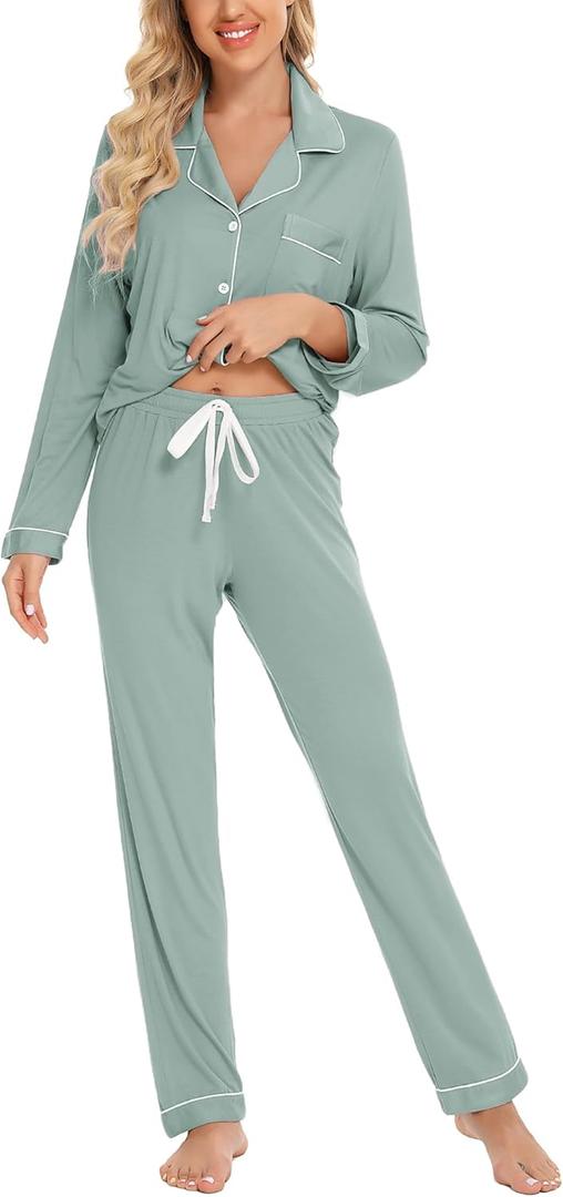 Leikar Button Down Pajamas for Women Soft Viscose Sleepwear Long Sleeve Pjs Set Maternity Nursing Postpartum Loungewear (Green, M)