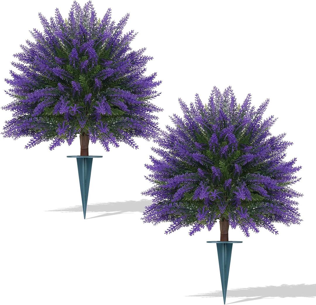 Artificial Topiary Ball Trees,16'' UV Resistant Fake Evergreen Shrubs Bushes Plants with Ground Spike 2 Set of Fake Plants for Outdoor Indoor Front Porch Garden
