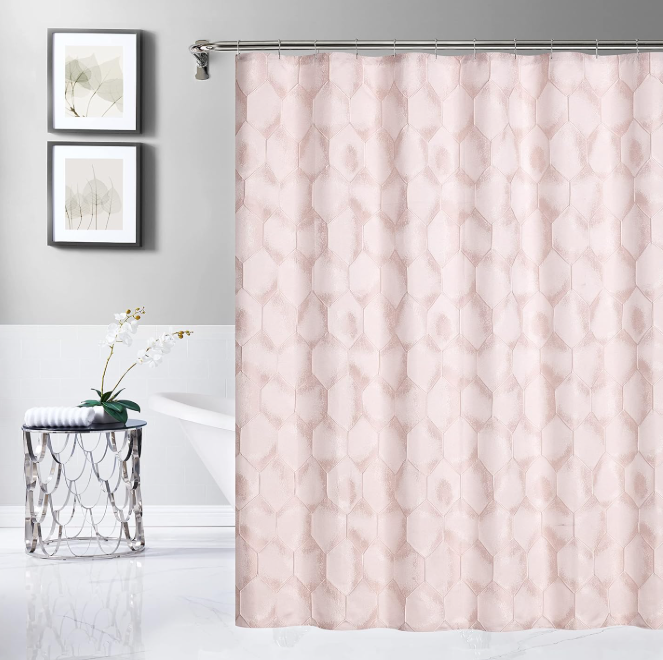 Dainty Home Cotton Soft Textured Shower Curtain - Printed Design Cotton in Tiles Blue 70" x 72" - Water Resistant Cotton, Washable Shower Curtain - Perfect Cloth Shower Curtain for Stylish Bathrooms, Blush
