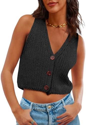 Saodimallsu Womens Cropped Sweater Vest V Neck Button Down Y2k Crop Knit Summer Trendy Sleeveless Chunky Tank Tops M