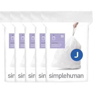 Simplehuman Code J 100 Count, Dispenser Pack Custom Fit Liners, Drawstring Trash Bags, 30-45 Liter / 8-12 Gallon, White