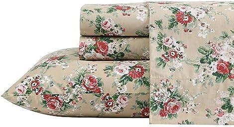 Laura Ashley - Full Sheet Set, Crisp & Cool Cotton Percale Bedding with Deep Pockets, Lightweight for Year Round Comfort, Bed Sheets with Matching Pillowcases (Ashfield Beige)