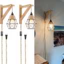 Frideko Wood Wall Sconces Set of Two Plug in, Rustic Wall Lamp with Plug in Cord, Farmhouse Wall Light Fixtures with 8.21FT On/Off Switch Cord, Indoor Sconces Wall Lighting for Bedroom Living Room