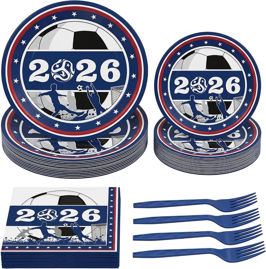 2 x World Cup 2026 Soccer Party Decorations - 100Pcs Disposable Paper Plates and Napkins Party Supplies for Soccer Themed Birthday, Game Day Watch Parties, Fan Celebrations (For 25 Guests)