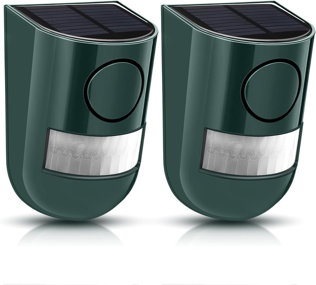 Qualirey Solar Sound and Light Alarm Motion Sensor 129db Outdoor Security Siren Waterproof Activated Detector Driveway Alarm 6 LEDs Flash Warning Deterrent Strobe System for Home, Farm(Green,2 Pack)