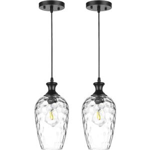 Glass Pendant Lights Kitchen Island 2 Pack, 1-Light Black Pendant Light Fixtures with Hand-Blown Clear Glass, Farmhouse Modern Hanging Light for Kitchen Sink Dining Room Bedroom