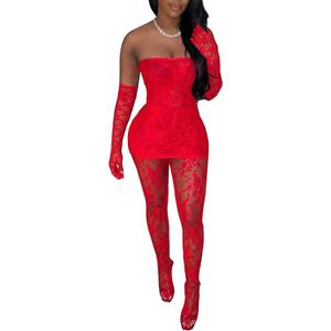 Mojessy 2 Piece Outfits for Women Sexy Lace Tube Mini Dress Top with Stockings Legging Set Birthday Outfits (XX-Large, Red)