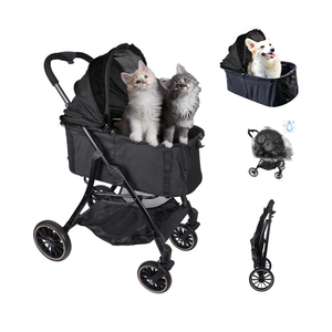 ​JXMIYACOO 4-Wheel Cat Stroller for 2-3 Pets, Lightweight Foldable Travel Carrier with 7" Wheels - Black, 3-in-1 Design for Outdoor Adventures