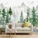 -Green Cartoon Pine Forest Nursery Fabric Wallpaper for Boys and Girls Children's Bedroom Living Room Woodland Plants Large Wall Mural- 91"x65" not Peel and Stick