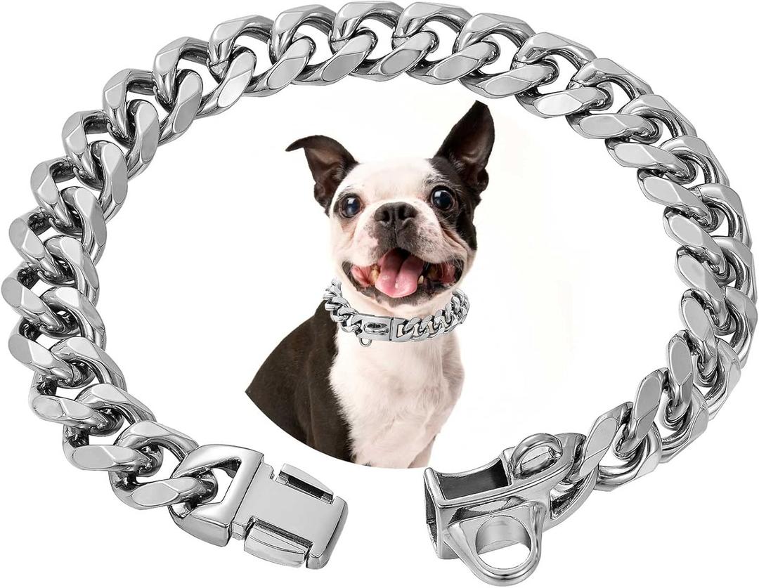Stainless Steel Silver Gold Dog Collars with Safety Buckle Lock,18K Cuban Link Chain Training Collar,15MM Strong Dog Necklace Heavy Duty Chew Proof for Small Medium Large Dog (14 inch)