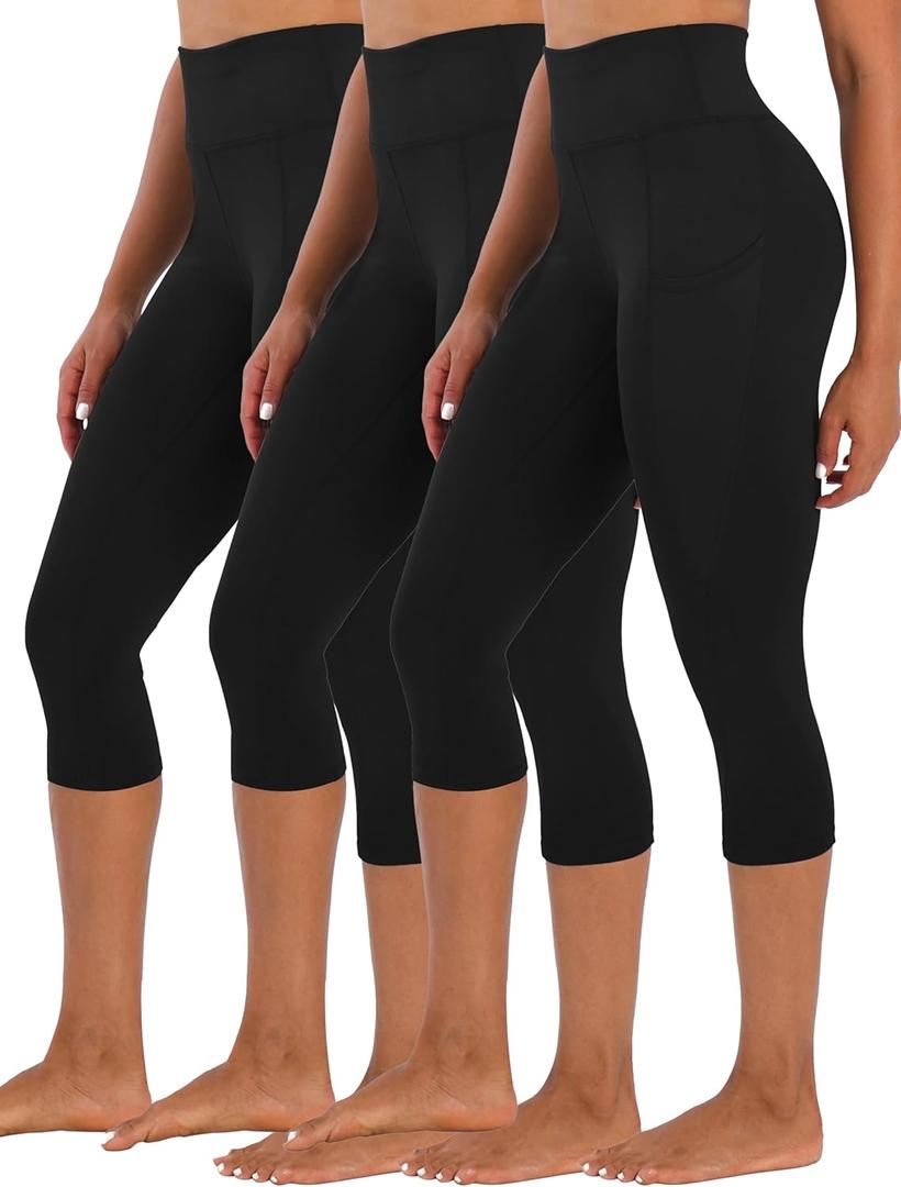 Women's High Waist Capri Leggings with Pockets Tummy Control Cropped Yoga Pants for Summer Fitness Workout Athletic (Black, L)