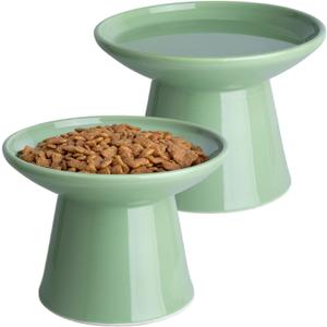 6.2 Inch Extra Wide Elevated Ceramic Cat Bowls, Food and Water Bowl Set for Elder Big Cats Small Dogs, Raised Design for Pet Easy Eating, Protect Cat's Spine Set of 2 (Light Green)