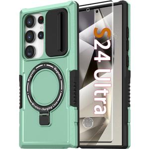 Magnetic Case for Samsung Galaxy S24 Ultra, with Ring Stand [Glass Screen Protector] [Compatible with MagSafe] Military Grade Case with Camera Cover, Shockproof Cover for Samsung S24Ultra, Light green