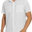 BASSDASH Men's UPF 50+ Short Sleeve Snap Button Down Shirt Regular Fit Woven Two Pockets Casual Dress Shirts (Large, White)