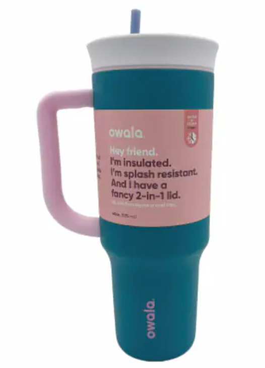 Owala Stainless Steel Triple Layer Insulated Travel Tumbler with Spill Resistant Lid, Straw, and Carry Handle, BPA Free, 40 oz, Dusty Pink