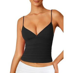 Women's Sexy Deep V Neck Wrap Ruched Side Spaghetti Straps Sleeveless Slim Fit Crop Top (Pink, M)