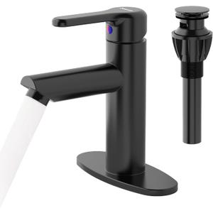 Bathroom Sink Faucet One Hole,Lavatory Tap for Basin,Matte Black Bathroom Sink Faucet with Metal Pop Up Drain Assembly Bathroom Faucet 1 Hole with 3 Hole Deck Plate