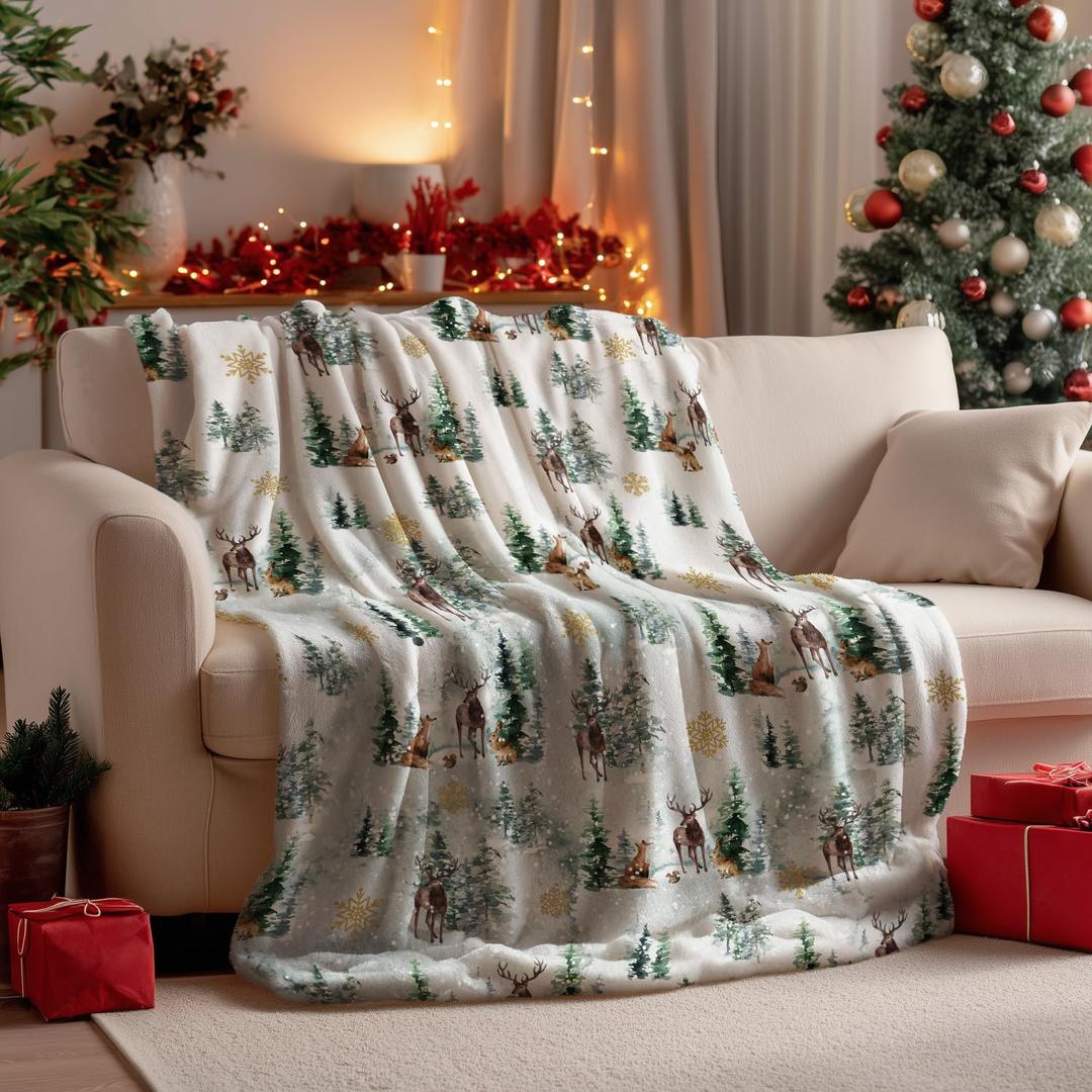Horaldaily Christmas Flannel Blanket Throw, Christmas Trees Reindeer Snow Soft Fuzzy Plush Cozy Fleece Blankets for Couch Sofa Bed Lounging, Ideal Gifts for Kids Adults Wife Self, 50x60 (Green)