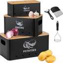 Metal Onion Garlic Potato Storage Set, Kitchen Vegetable Storage Tins Set of 3, + 3 Stainless Steel Gadgets, Canister Sets for Kitchen Counter with Aerating Holes and Wooden Bamboo Lids-Black
