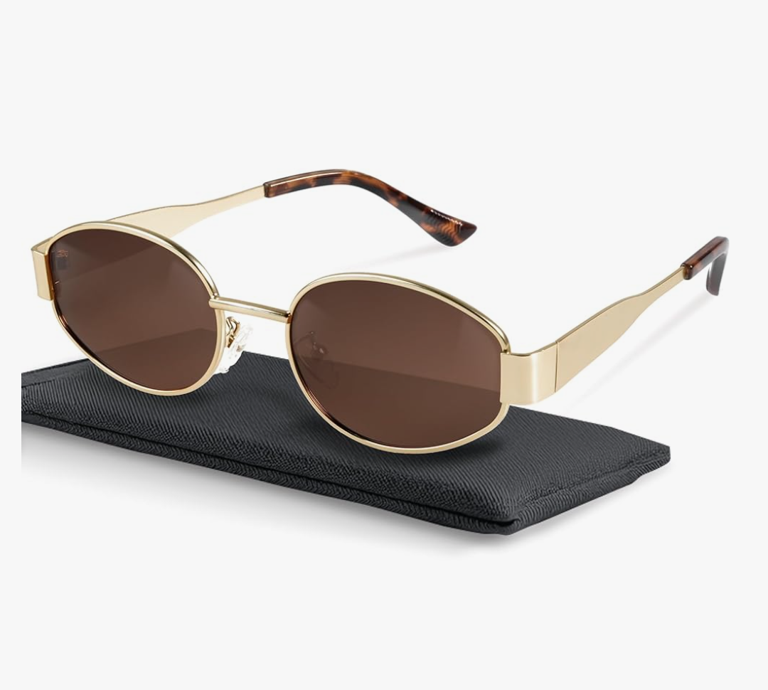 livho Retro Polarized Sunglasses - UV400 Protection, Oval Shape, Metal Frames - Matching Soft Case Inlcuded
