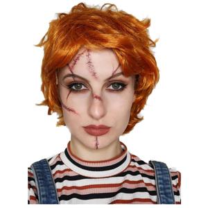 ALLAURA Evil Killer Doll Wig Orange Halloween Wig Includes Scar Tattoos Anime Cosplay Halloween Costume