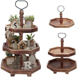 Tiered Tray Stand Wood Tier Serving Tray, Three Decorative Trays, Wooden Cupcake Stand 3 Tiered Farmhouse Trays for Home Decor(L 13.8” W 12.5” H 21.8”)