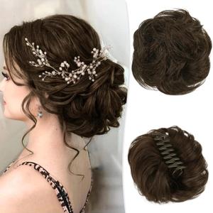 RUWISS Claw Clip Messy Bun Hair Piece Real Human Hair Buns Wavy Curly Chignon Hair Bun Extensions Tousled Updo Hair Buns Claw Clip Ponytail Hairpieces (Brown 2#L) (40g)