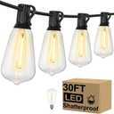 Brightever 30FT LED Outdoor String Light with 16 ST38 Vintage Edison Shatterproof Bulbs, Commercial Grade Patio Lights Connectable, Waterproof Hanging Lights for Balcony, Backyard, Warm White (30FT-Warm White, Black Wire)