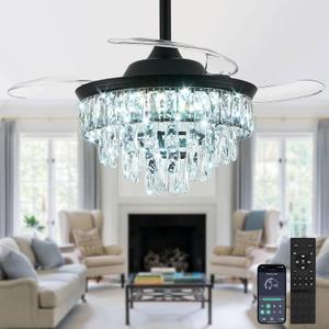 36 inch Dimmable Chandelier Ceiling Fans with Lights Retractable Cyrstal Fandelier Ceiling Fan with Light and Remote for Bedroom Living Room Dining Room (Black, 6 Speeds,DC Motor)
