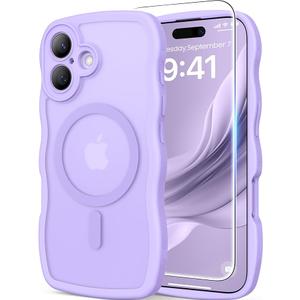 3 in 1 Magnetic for iPhone 17 Case, Cute Wavy [Full Camera Protection] [Fit for MagSafe] 1X Screen Protector+1X Wrist Strap, AntiSlip Trendy Women Girly Phone Case for iPhone 17 6.3", Light Purple