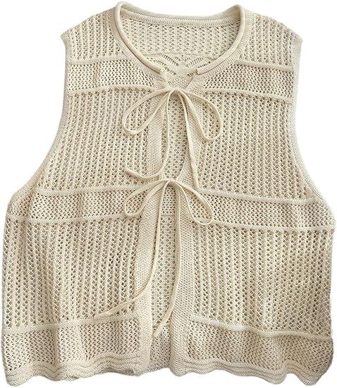 GORGLITTER Women's Plus Size Crochet Tops Tie Front Boho Sleeveless Lightweight Cardigan Vest Size 0XL