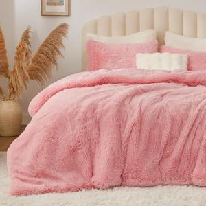 BEDELITE Pink Fluffy Comforter Set King Size, Fuzzy Faux Fur Comforter Bedding Set, Ultra Soft and Warm Winter Shaggy Bed Set Valentines Bedding(1 Comforter & 2 Pillowcases) as Gifts for Women