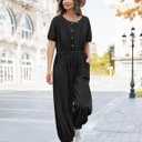 YESNO Jumpsuits for Women Casual Floral Boho Cropped Drawstring Rompers Short Sleeve Button Down One Piece Outfits PJ0 (M)