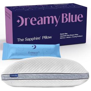 DreamyBlue Gusseted SAPPHIRE Pillow • Adjustable Loft, Luxury Cover, Shredded Memory Foam Fill w/Airflow Beads •Ideal For Wide Shoulders •Neutral Alignment for All • CertiPURUS Certified Foam (Queen)