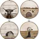 BitKAM Vintage Farmhouse Western Cow Round Wall Art Decor, Rustic Country Canvas Prints Framed, Retro Western Prints Wall Hanging Decorations for Home Bedroom, 10x10 Inch Wall Sculptures Set of 4