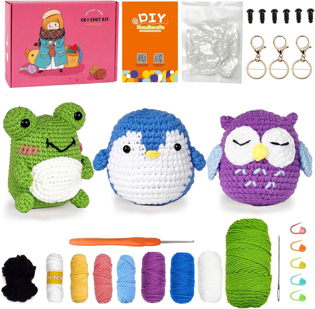 PIPAPI Crochet Kit for Beginners, 3 Pattern Animals-Owl, Penguin, Frog, Knitting Kit for Adult Kids with Step-by-Step Video Tutorials and Yarns, Hook, Accessories (green)