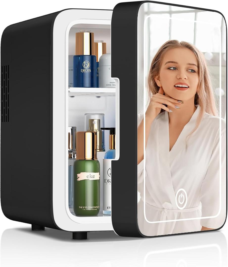 Makeup Fridge with LED Mirror - 4L Portable Cooler/Warmer, Black